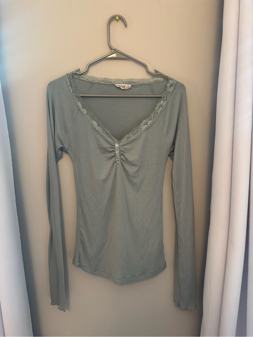 Lace-Trim Long Sleeve Ribbed Top - Sage Green